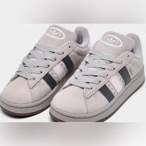 adidas Women's Low-Top Suede Sneakers in Light Gray with Pink and Black Stripes